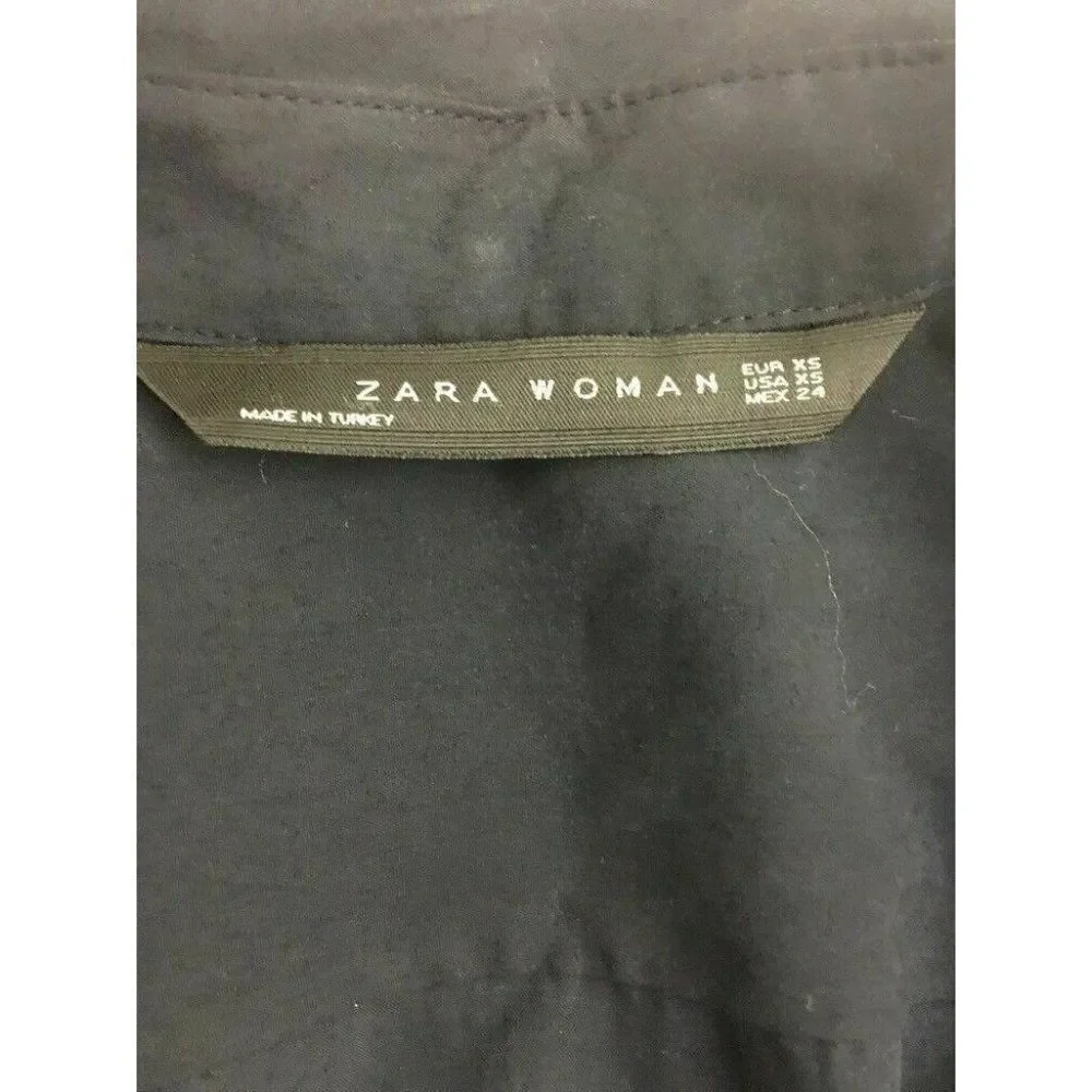 Zara Womens Solid Navy Blue V Neck Long Sleeve Work Career Top Xs